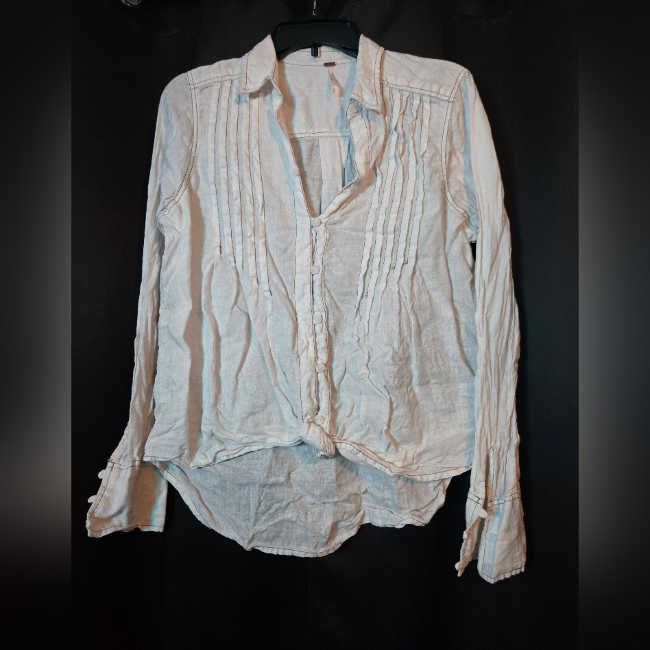 Free People 100% Linen Pintuck Button-Down Shirt Oatmeal Size M